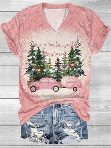 Women's Have A Holly Jolly Christmas Print V Neck T-Shirt