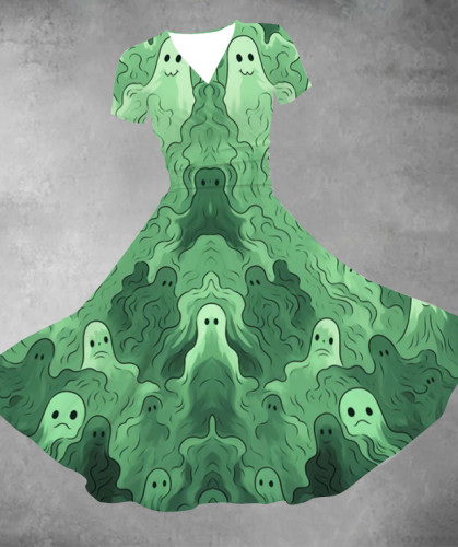 Cute Spooky Halloween V-neck Print Swing Dress