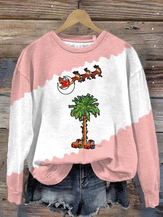 Women's Vintage Christmas South Carolina Santa Palmetto Tree Print Round Neck Sweatshirt