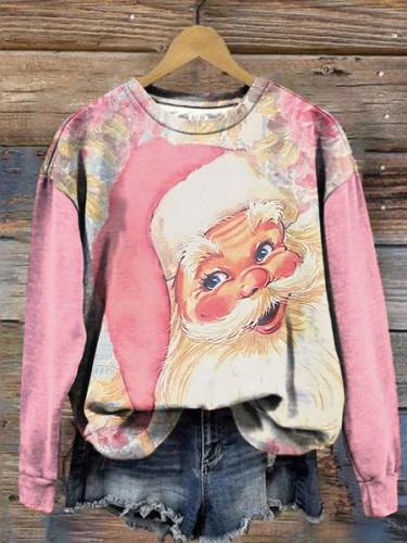 Shabby Chic Pink Santa Colorblock Crew Neck Sweatshirt