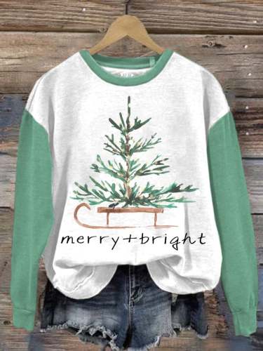 Women's Merry And Bright Christmas Tree Print Round Neck Sweatshirt