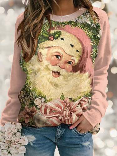 Women'S Vintage Pink Santa Print Long Sleeve Sweatshirt