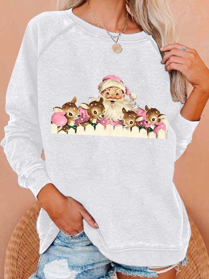 Retro Pink Santa Reindeer Christmas Print Sweatshirt