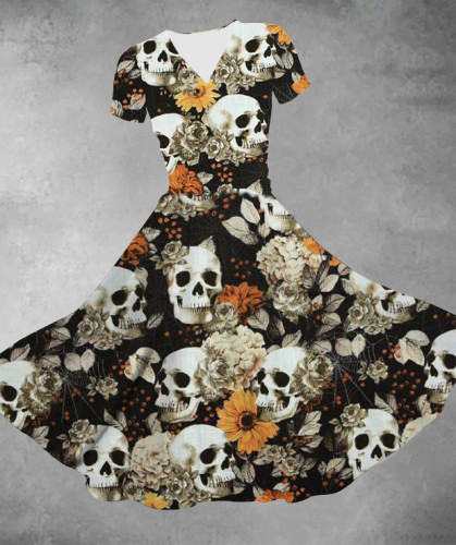 Halloween Skull Flower Print Casual V-Neck Swing Dress
