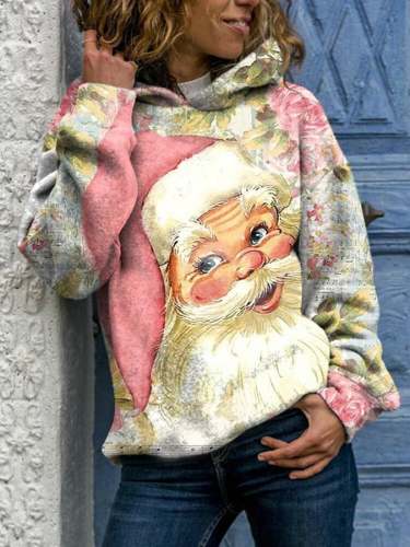 Women's Casual Santa Claus Print Hoodie Long Sleeve Sweatshirt