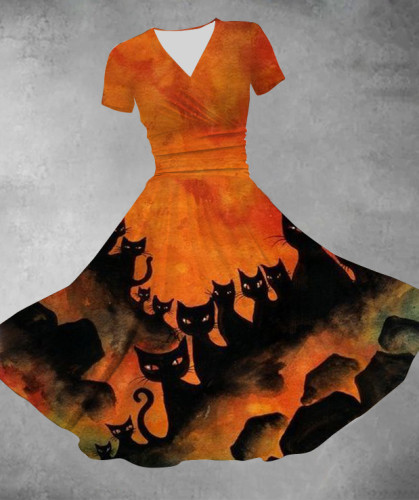 Halloween Cat Print Casual V-neck Swing Dress