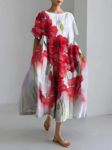 spring and summer casual loose round neck floral skirt dress