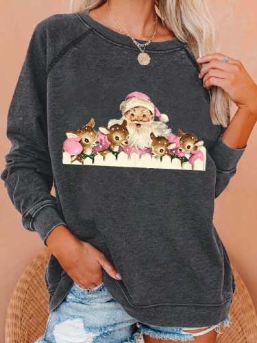 Retro Pink Santa Reindeer Christmas Print Sweatshirt