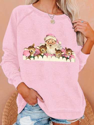 Retro Pink Santa Reindeer Christmas Print Sweatshirt