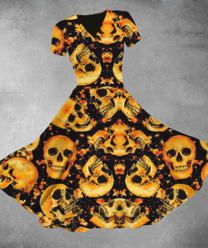 Halloween Skull Floral V-Neck Print Swing Dress