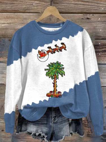 Women's Vintage Christmas South Carolina Santa Palmetto Tree Print Round Neck Sweatshirt