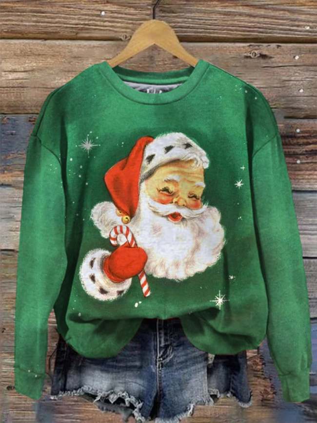 Women's Vintage Santa Claus Print Crew Neck Sweatshirt