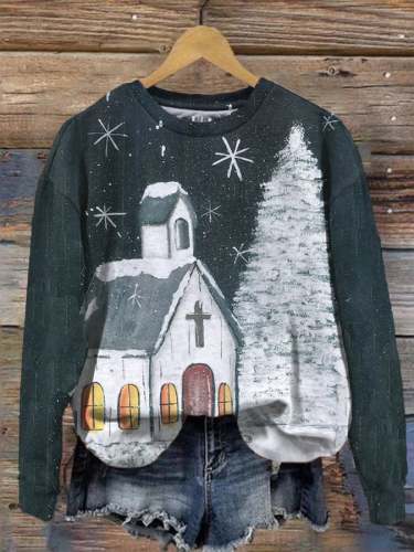 Women's Church Christmas Tree Print Crewneck Sweatshirt