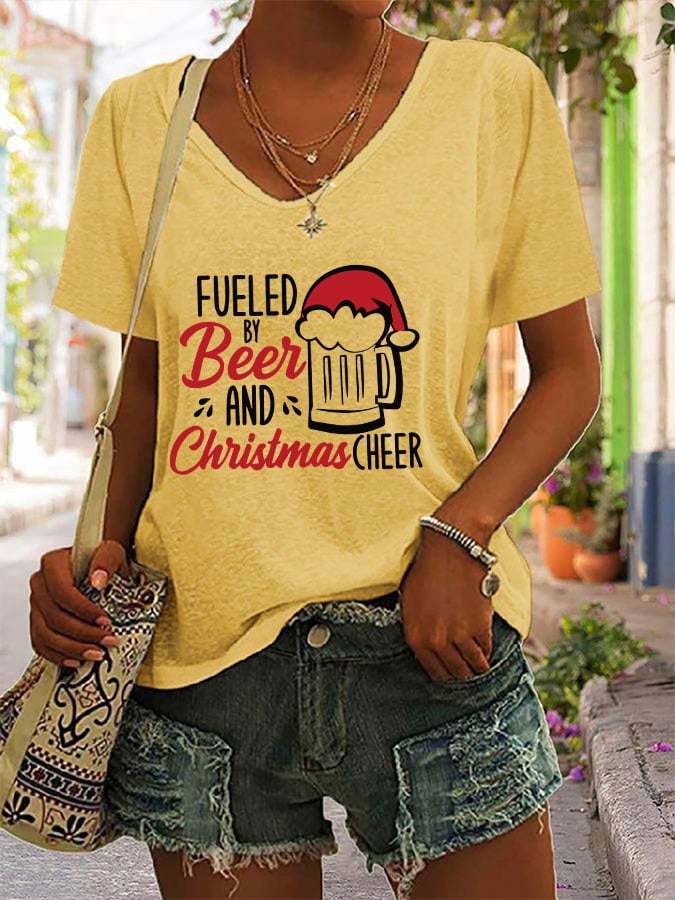 Women's fueled by beer and christmas cheer V-neck T-shirt