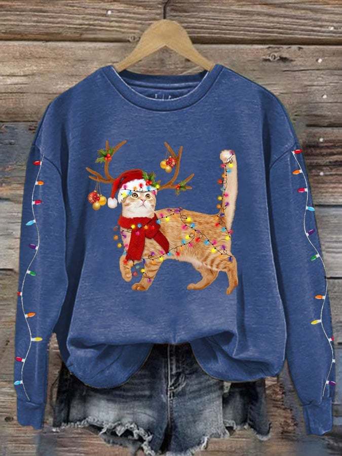 Women's Christmas Cat Lights Print Sweatshirt