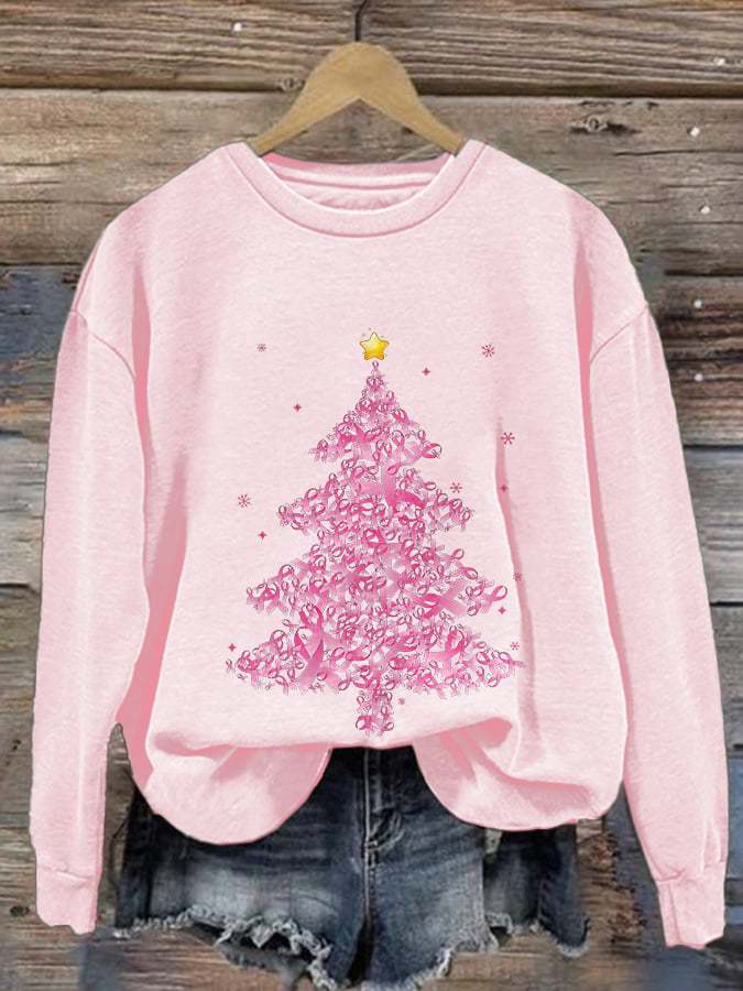 Retro Breast Cancer Awareness Pink Christmas Tree Ribbons Print Sweatshirt