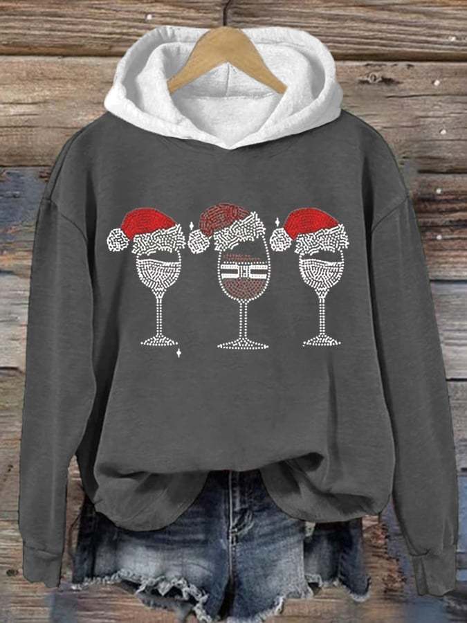 Women's Christmas Red Wine Glass Retro Casual Print Sweatshirt
