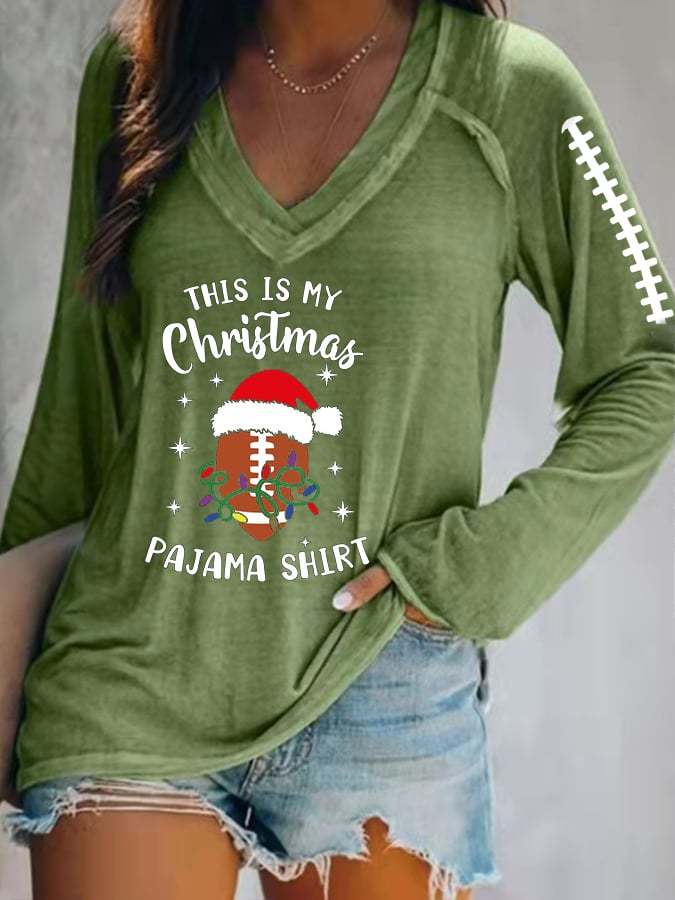 Women's Football Christmas This Is My Christmas Pajama Print V-Neck T-Shirt