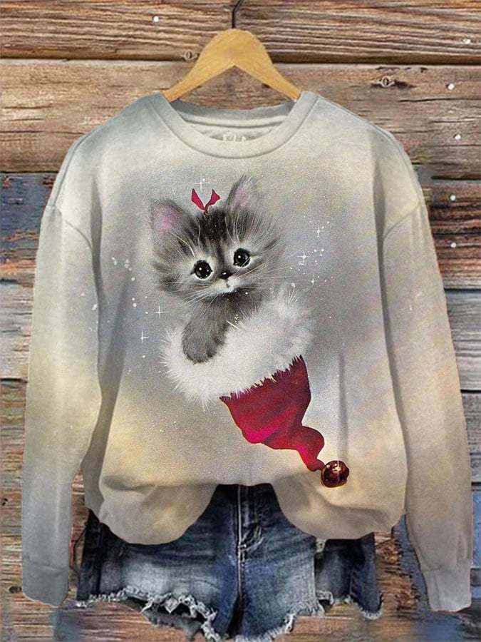 Women's Casual Cute Grey Cat Print Long Sleeve Sweatshirt