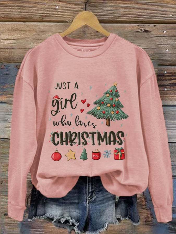 Women's Just A Girl Who Loves Christmas Print Crew Neck Sweatshirt