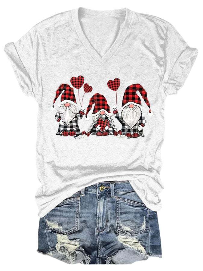 Heart Gnome Plaid Print T-Shirt