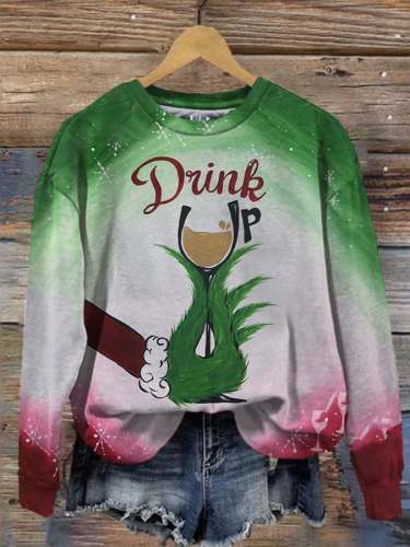 Women's Vintage Christmas Grink Up Printed Crew Neck Sweatshirt