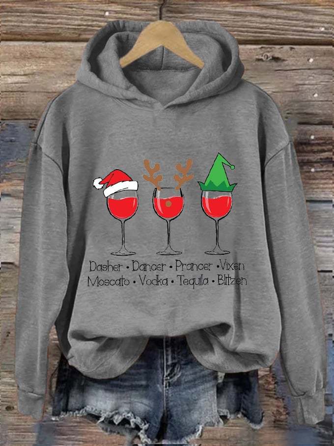 Women's Funny Christmas Dasher Dancer Prancer Vixen Comet Cupid Donner Blitzen Rudolphr Wine Printed Hooded Sweatshirt