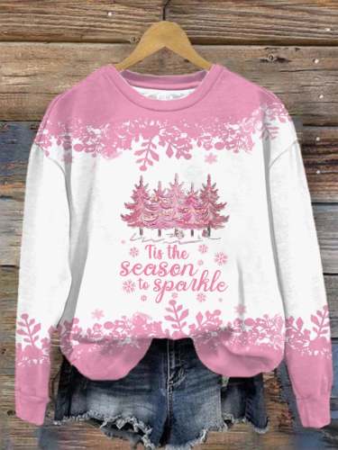 Women's Tis The Season To Sparkle Pink Christmas Tree Print Casual Sweatshirt