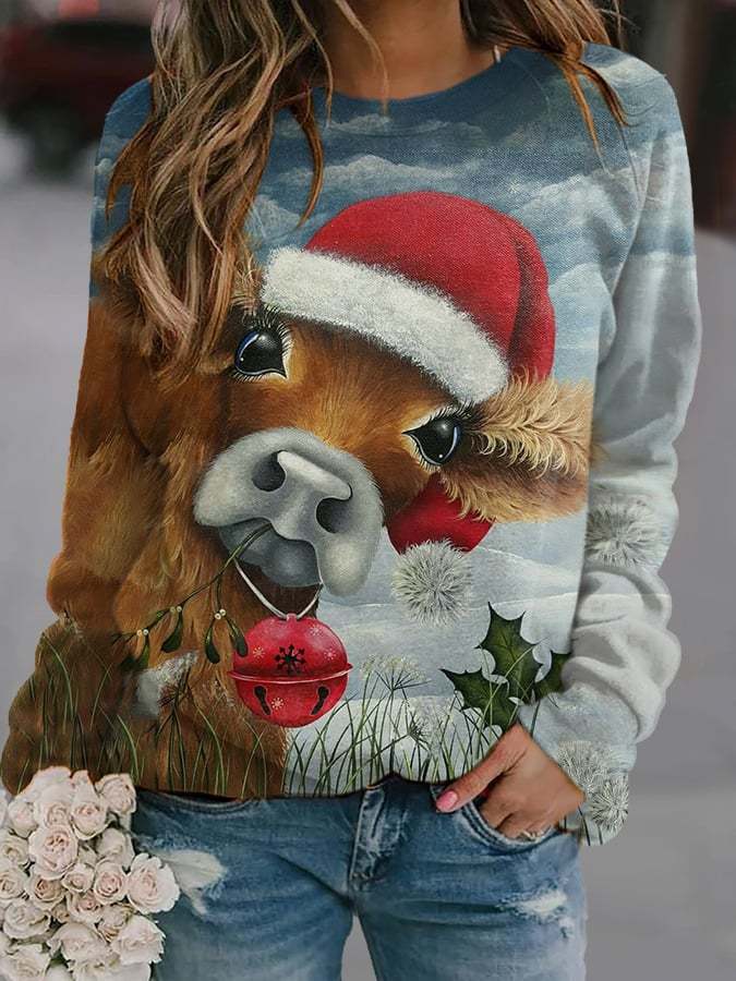 Women'S Christmas Cowl Print Crew Neck Sweatshirt