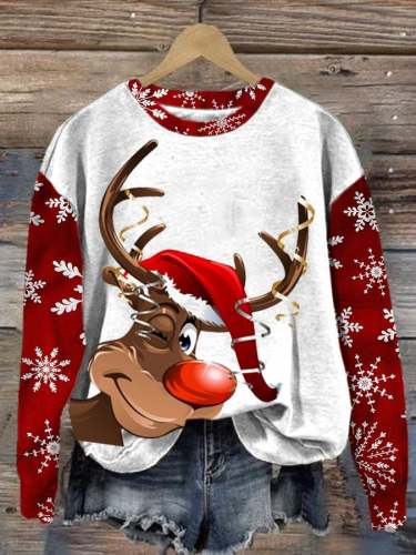 Women's Christmas Deer Print Crew Neck Sweatshirt