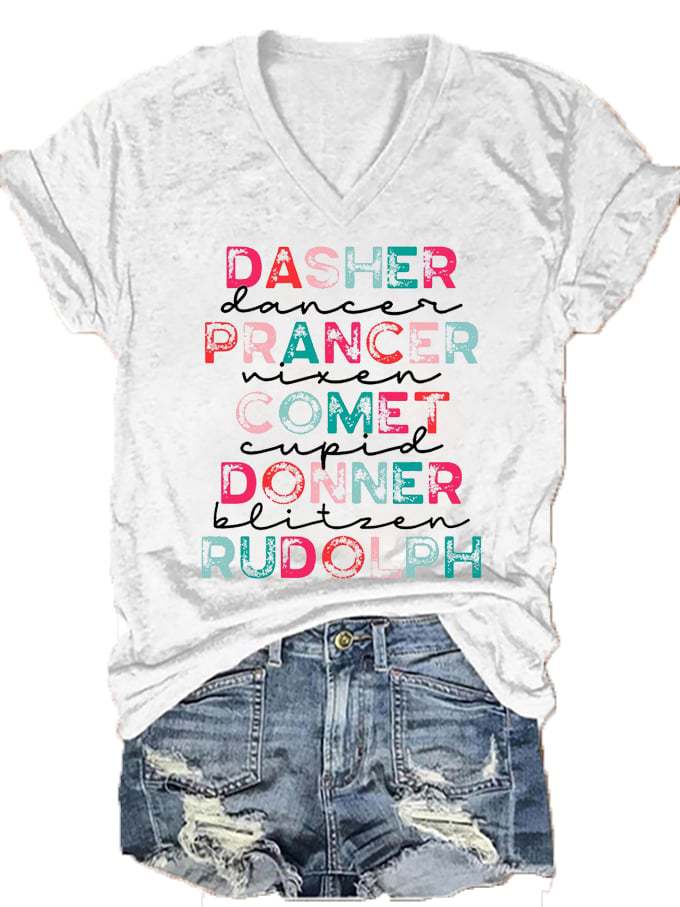 Women's Funny Christmas Dasher Dancer Prancer Vixen Comet Cupid Donner Blitzen Rudolphr Printed V-Neck T-Shirt
