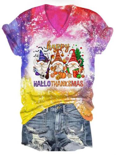 Women's Happy Hallothanksmas Midget Print V-Neck T-Shirt