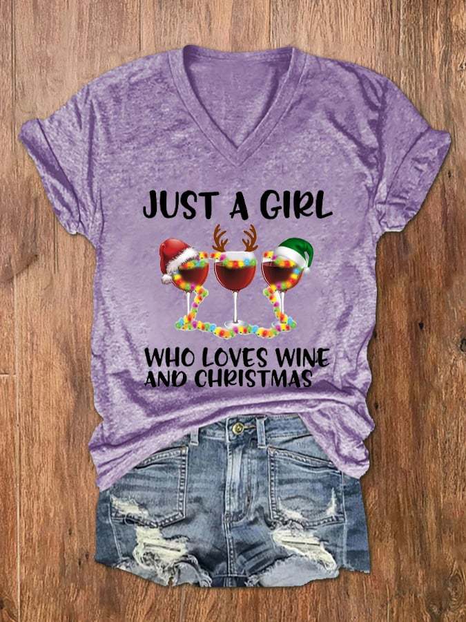 Women's Just A Girl Who Loves Christmas Wine Glass Print V-Neck T-Shirt