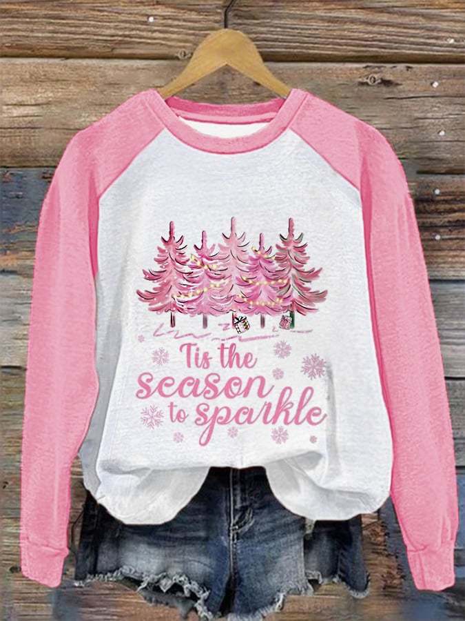 Women's Tis The Season To Sparkle Pink Christmas Tree Printed Sweatshirt
