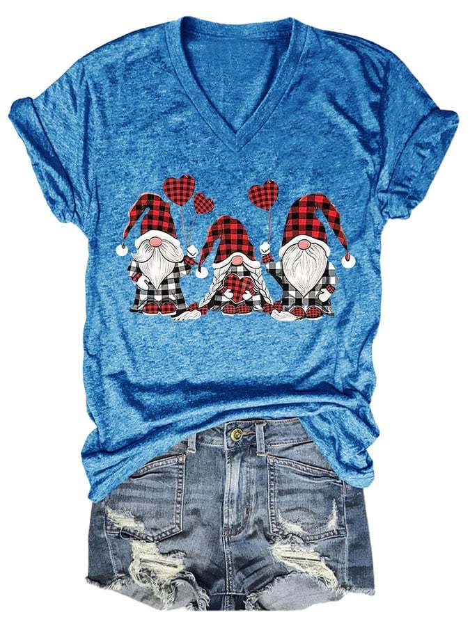 Heart Gnome Plaid Print T-Shirt
