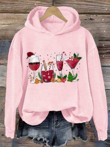 Women's Casual Christmas Wine Glass Print Hoodie Long Sleeve Sweatshirt