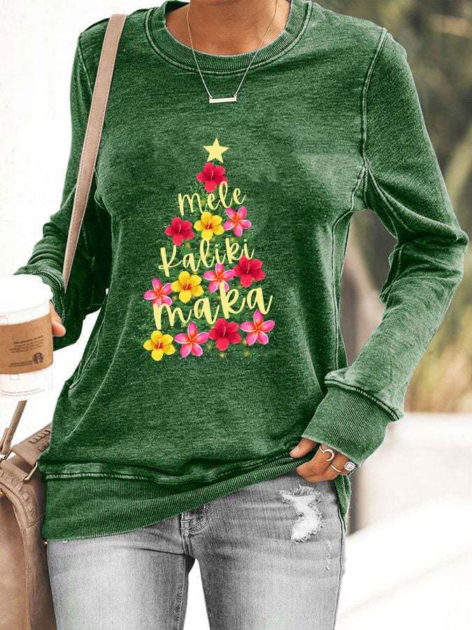 Women's Hawaiian Hibiscus Christmas Tree  Mele Kalikimaka  Print Sweatshirt