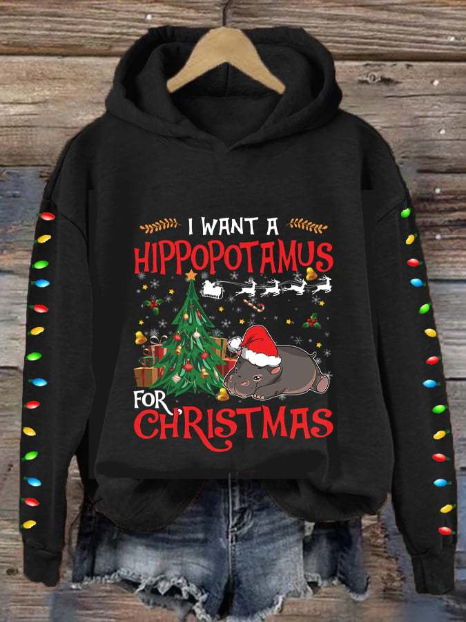 Women's Merry ChristmasI Want A Hippopotamus For Christmas Print Casual Hoodie