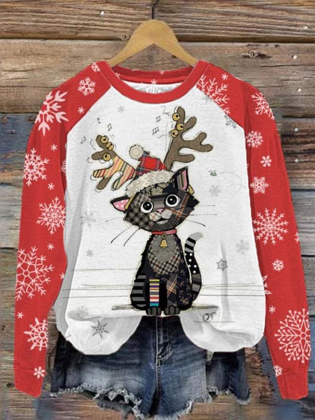 Women's Christmas Cat Snowflake Print Sweatshirt