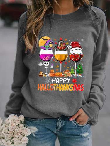 Women's Happy Hallothanksmas Wine Print Sweatshirt