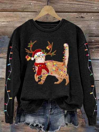 Women's Christmas Cat Lights Print Sweatshirt