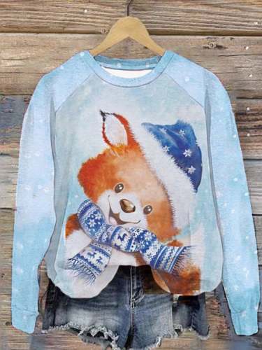 Women's Christmas Cute Fox Snowflake Print Casual Sweatshirt