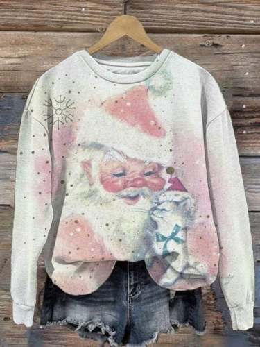 Women's Retro Christmas Santa And Cat Print Casual Sweater