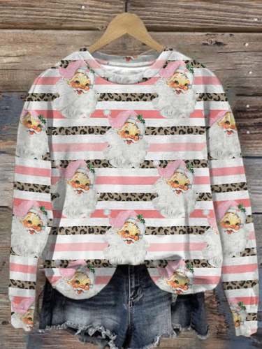 Retro Pink Santa Stripe Leopard Print Sweatshirt