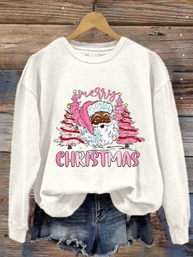 Women's Pink Christmas Tree Santa Claus Print Christmas Casual Sweatshirt