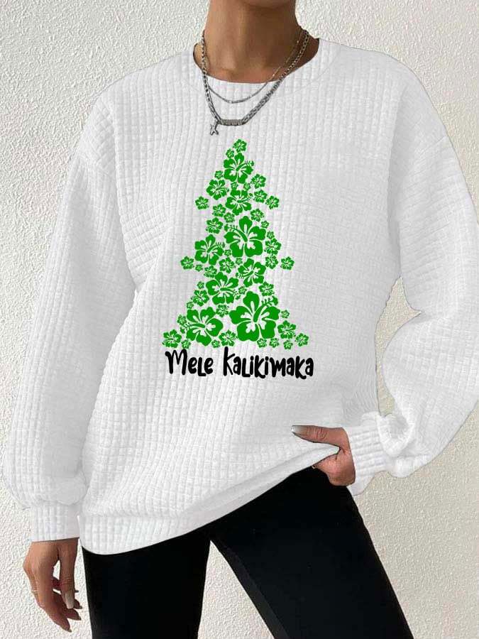 Women's Hawaiian Hibiscus Christmas Tree  Mele Kalikimaka  Print Waffle Sweatshirt