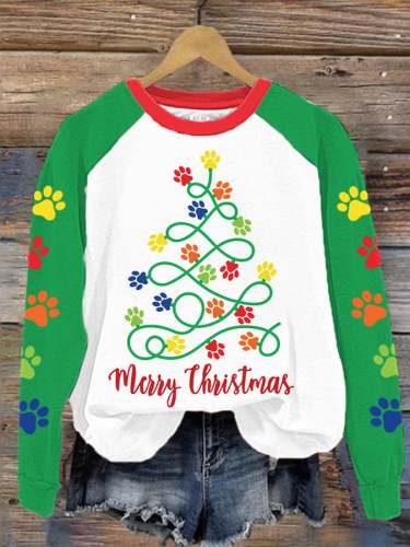 Women's Merry Christmas Paw Tree Print Sweatshirt