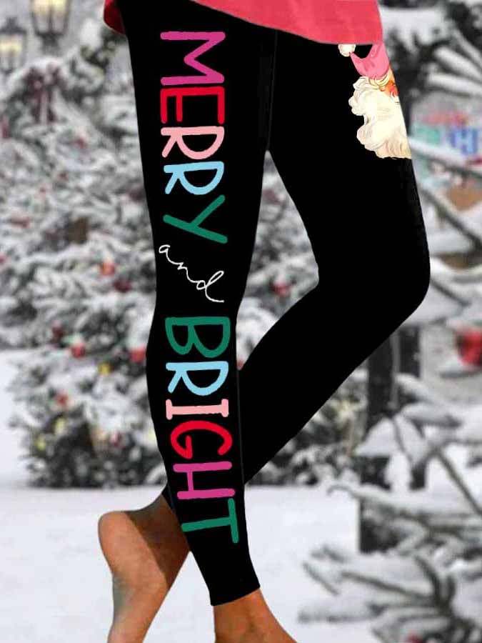 Women's Merry And Bright Santa Claus Print Skinny Stretch Leggings