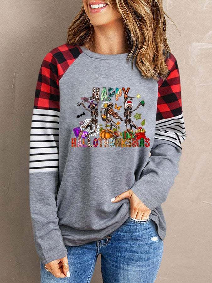 Women's Happy Hallothanksmas Skeleton Casual Sweatshirt