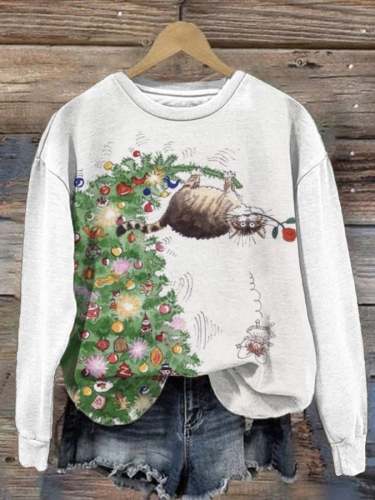 Women's Christmas Tree And Cat Print Casual Sweatshirt